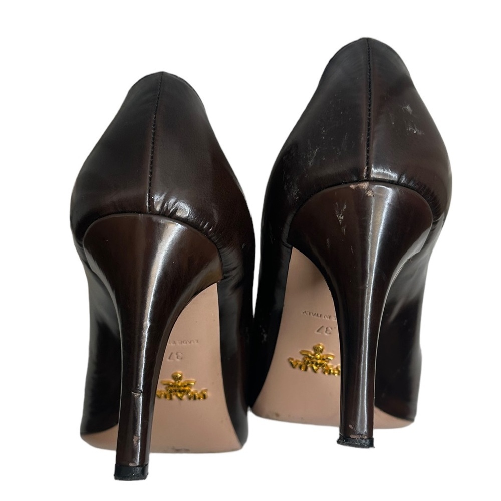 Prada Spazzolato Fume Brown Platform Pumps Peep Toe Rare Sz US 37 EUC $550 - Picture 9 of 16
